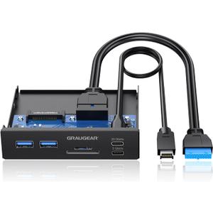 GRAUGEAR 3.5 Inch Front Panel USB C Hub, SD/microSD Internal Card Reader, 20Gbps USB 3.2 Gen 2x2, USB3.2 Type-E Key-A 20-Pin Header & USB3.0 Header & 15-Pin SATA Power Connector Required [G-MP01CR]