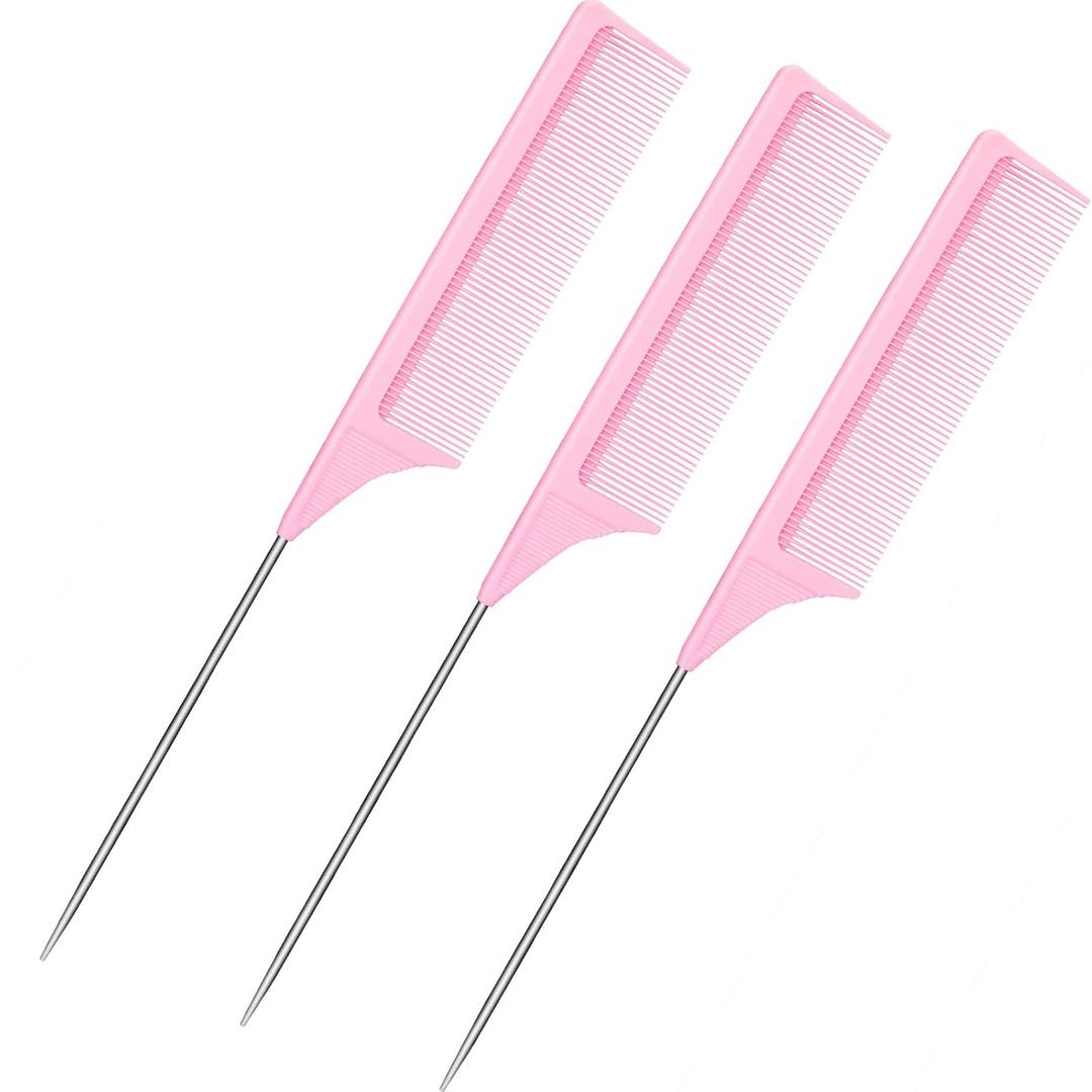 Pack of 3 9 Inch Rat Tail Comb Carbon Fiber Heat Resistant Teasing Comb with Metal Pick Styling Parting Lightweight Sectioning Fine Tooth Combs for Women Girls (Pink)