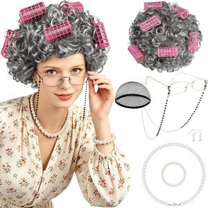 MEEZY Light Gray Curly Wig Old Lady Costume Set, Grandma Wig Granny Glasses Eyeglasses Chain Necklace Bracelet Earring Old Women Fun Costume Accessories for Halloween Cosplay