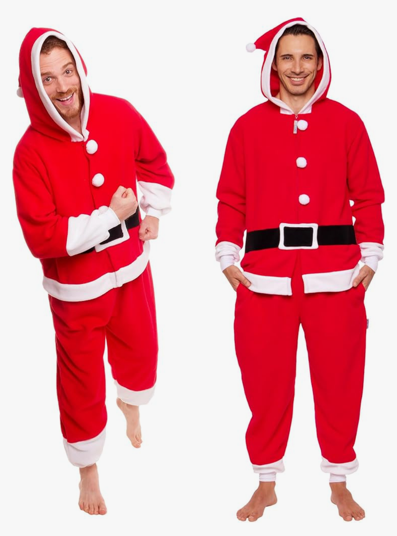 Funziez! Slim Christmas Adult Onesie - Fun Holiday Costume - Santa Clause and Reindeer One Piece for Adults, Women and Men