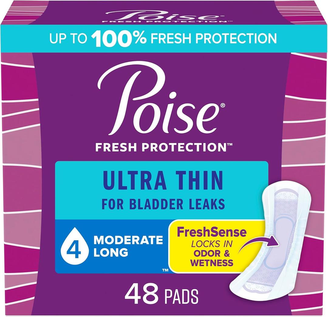 Poise Ultra Thin Incontinence Pads & Postpartum Incontinence Pads, 4 Drop Moderate Absorbency, Long Length, 48 Count, Packaging May Vary (LONG/NON-WINGED)