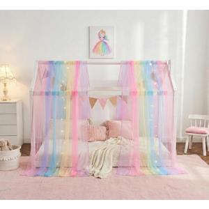 Rainbow Bed Canopy for Girls, Sheer Twin Canopy Bed Curtains with Lights, Princess Canopy Scarf for Girls Bed Room Decor (2 Panel)