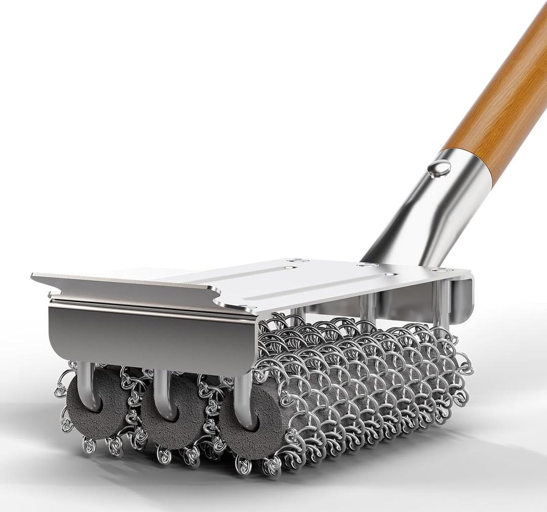 HOUSE AGAIN Grill Brush Bristle Free, 304 Stainless Steel Food-Grade Brush Head with Scraper, Safe BBQ Outdoor Grill Cleaning Brush Strong Barbecue Brush Cleaner Non Wire for Grill Grate/Wooden Handle