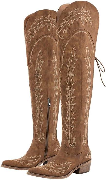 sexytag Cowgirl Boots Thigh High Wide Calf Embroidered Western Cowboy Boots (11, Brown)