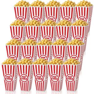 Tebery 20 Pack Plastic Popcorn Boxes Open-Top, Reusable Popcorn Bucket Container for Movie Night, Classic Red White Striped Party Snack Bowls for Party Favors, Birthday, Carnival, 7.5" x 4"