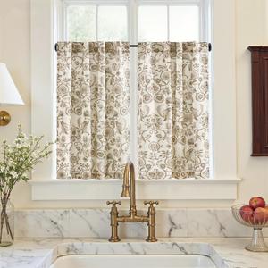 jinchan Small Window Curtains 36 Inch Linen Floral Curtain Set for Kitchen Bathroom Cafe Curtains Light Filtering Window Treatment Farmhouse Cottagecore Back Tab Drapes 2 Panels Taupe on Beige