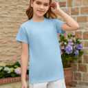 ZDC Girls Short Sleeve T Shirts Kids Summer Basic Tee Crewneck Cute Tops | Cute Tops, Solid Color, School Shirt, 5-14 Years (Blue)