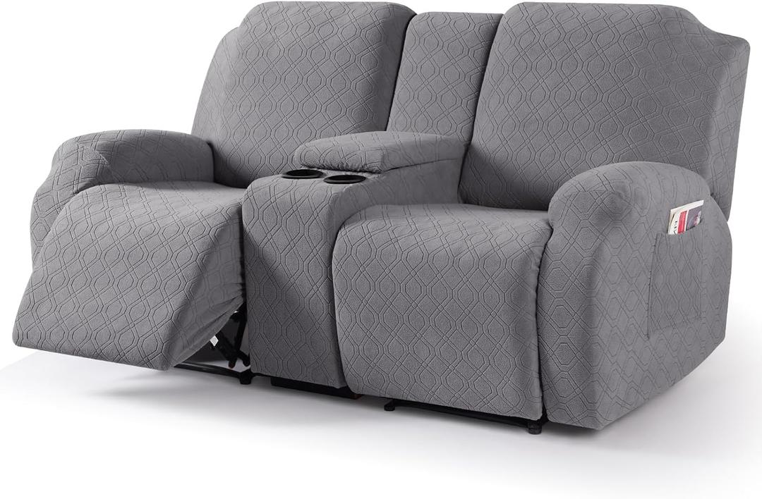 VANSOFY Recliner Loveseat Cover with Middle Console Stretch Reclining Sofa Slipcover for 2 Seat Jacquard Reclining Couch Sofa Covers Furniture Protector with Elastic Straps Bottom (Light Gray)