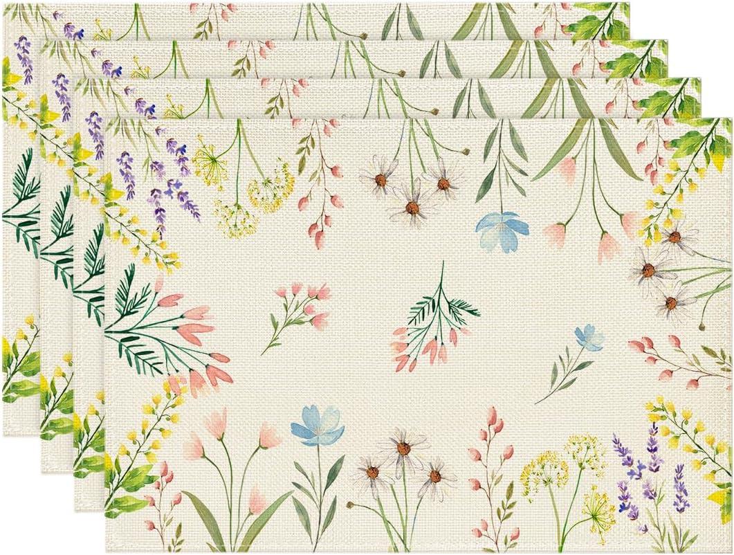 Artoid Mode Flowers Floral Summer Placemats Set of 4, 12x18 Inch Seasonal Spring Table Mats for Party Kitchen Wedding Dining Decoration (Beige)