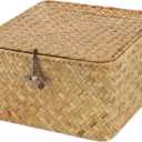 Moosky Wicker Shelf Baskets with Lid, Handwoven Seagrass Storage Basket Bins Square Gift Boxes for Shelves Home Decor Organizer (Natural, Small)