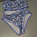 Herseas Women's Bikini Sets Floral Print Whip Stitch 2 Piece Swimsuits High Waisted Scoop Bathing Suits (Large, Blue)