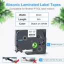 Absonic 6-Pack Tz-221 9mm 0.35 Laminated White Tz Tape Compatible for Brother Tze-221 Tze221 Tz221 9mm P Touch Tze Label Tape 0.35" White for PTD220 PTD210 PT-H111 PT-D400 PT-D600 PT-H110 Label Maker