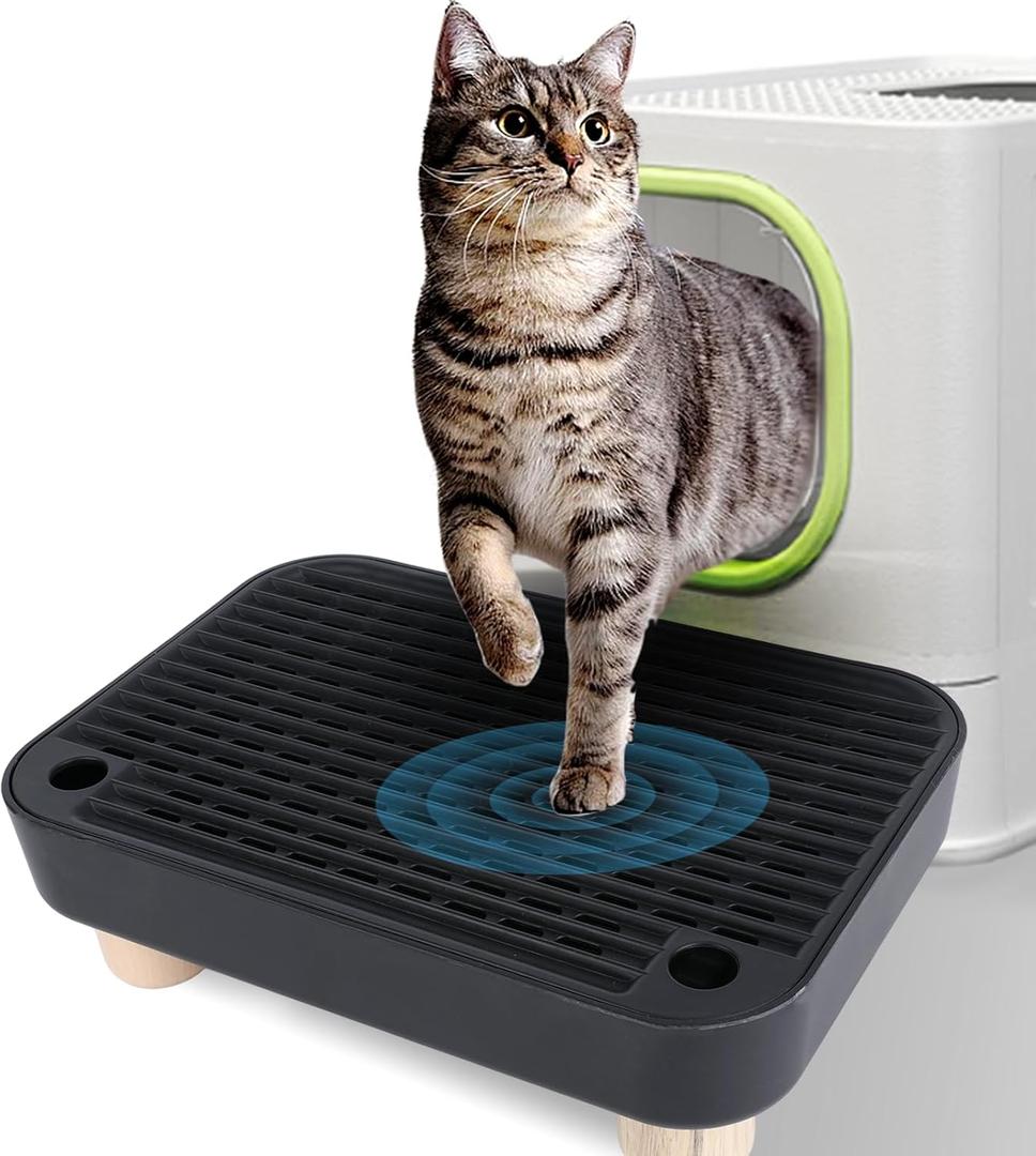 Litter Box Step, Litter Box Ramp/Catcher with Wooden BasePet Step Stool for Filter Function, Easy to Clean,Ideal for Kitten/Elderly Cats(Black)