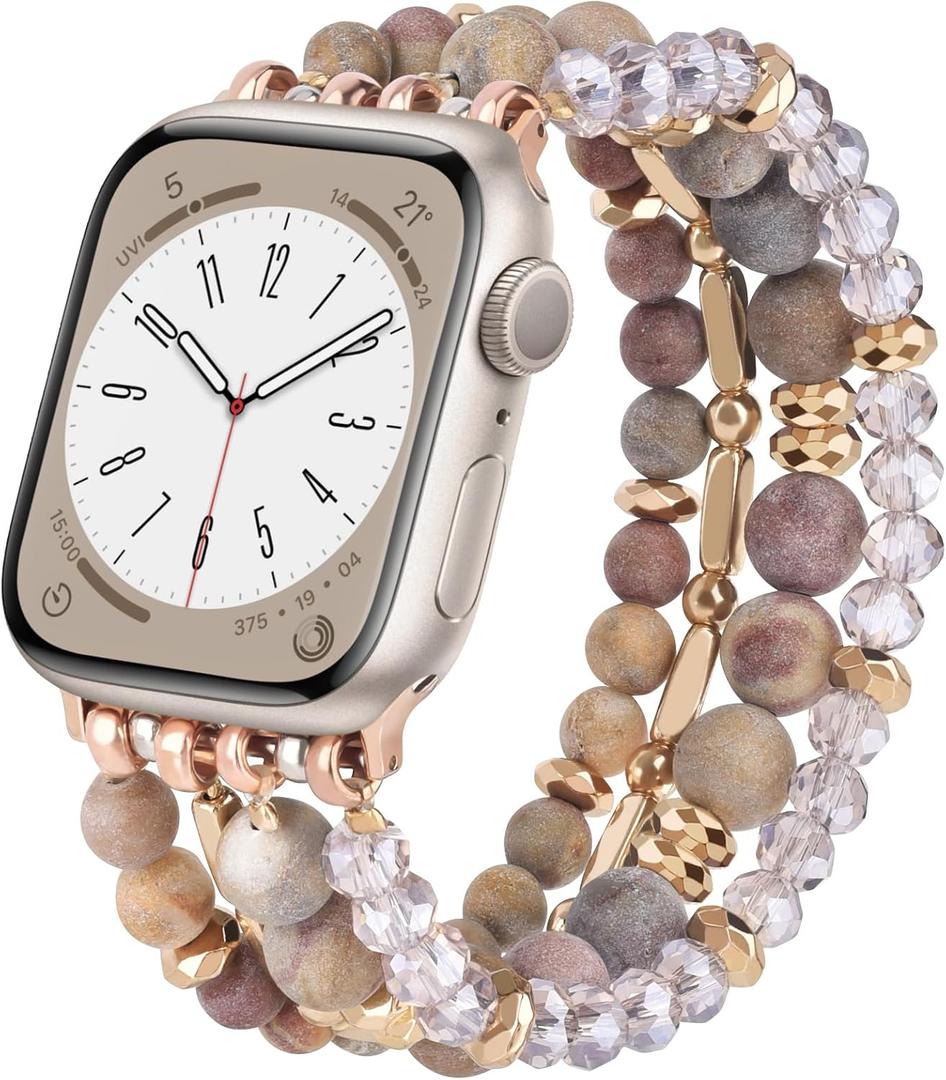 VISOOM Beaded Boho Bracelet Compatible for Apple Watch Band 42mm/44mm/45mm Series 9 8 7 SE Series 6/5/4 Women Fashion Cute Handmade Crystal Beads Stretchy Watch Strap for iWatch Bands Series 3/2/1