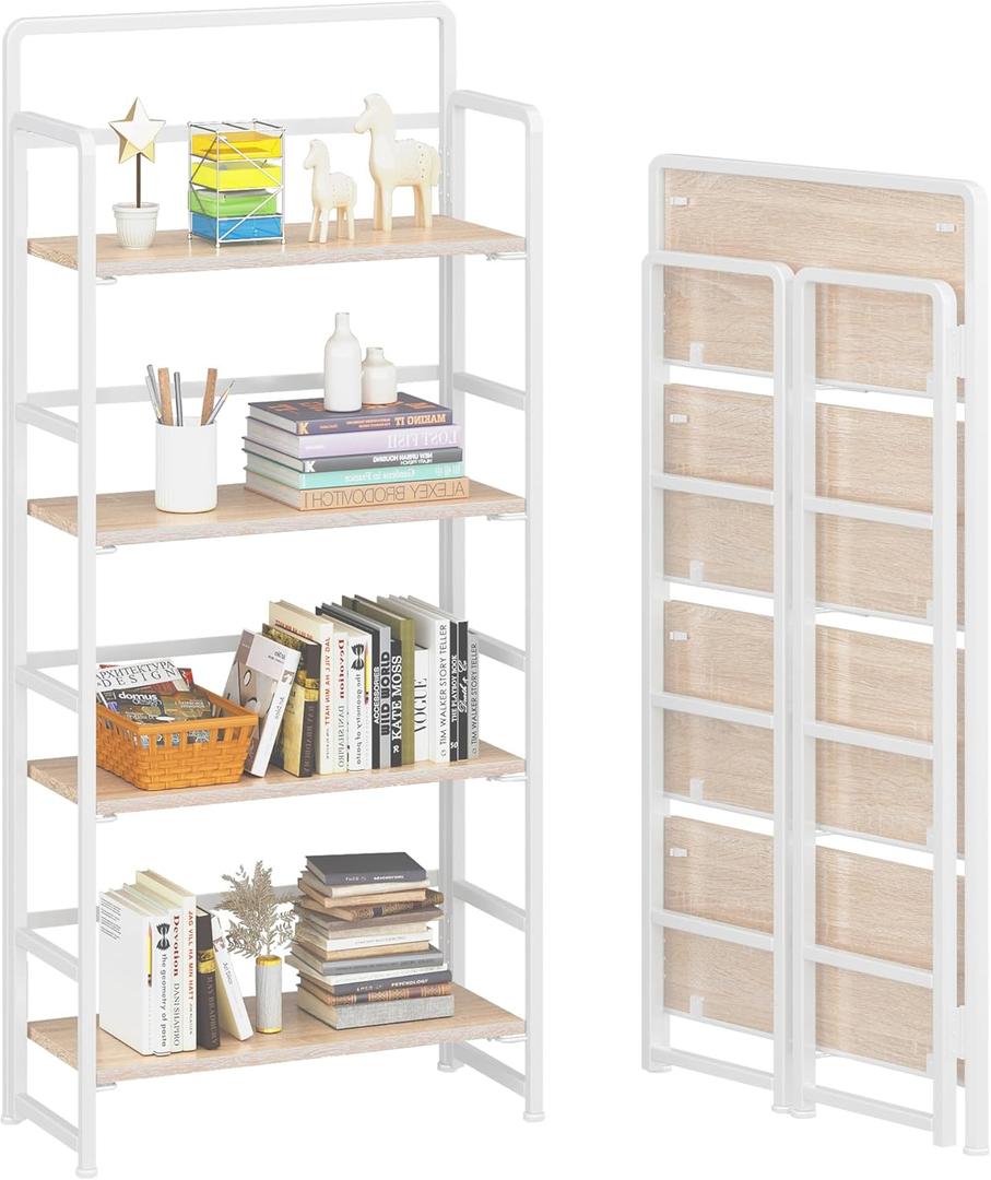 4NM No-Assembly 4 Tiers Folding Bookshelf Storage Shelves Vintage Bookcase Standing Racks Study Organizer Home Office (Natural and White)