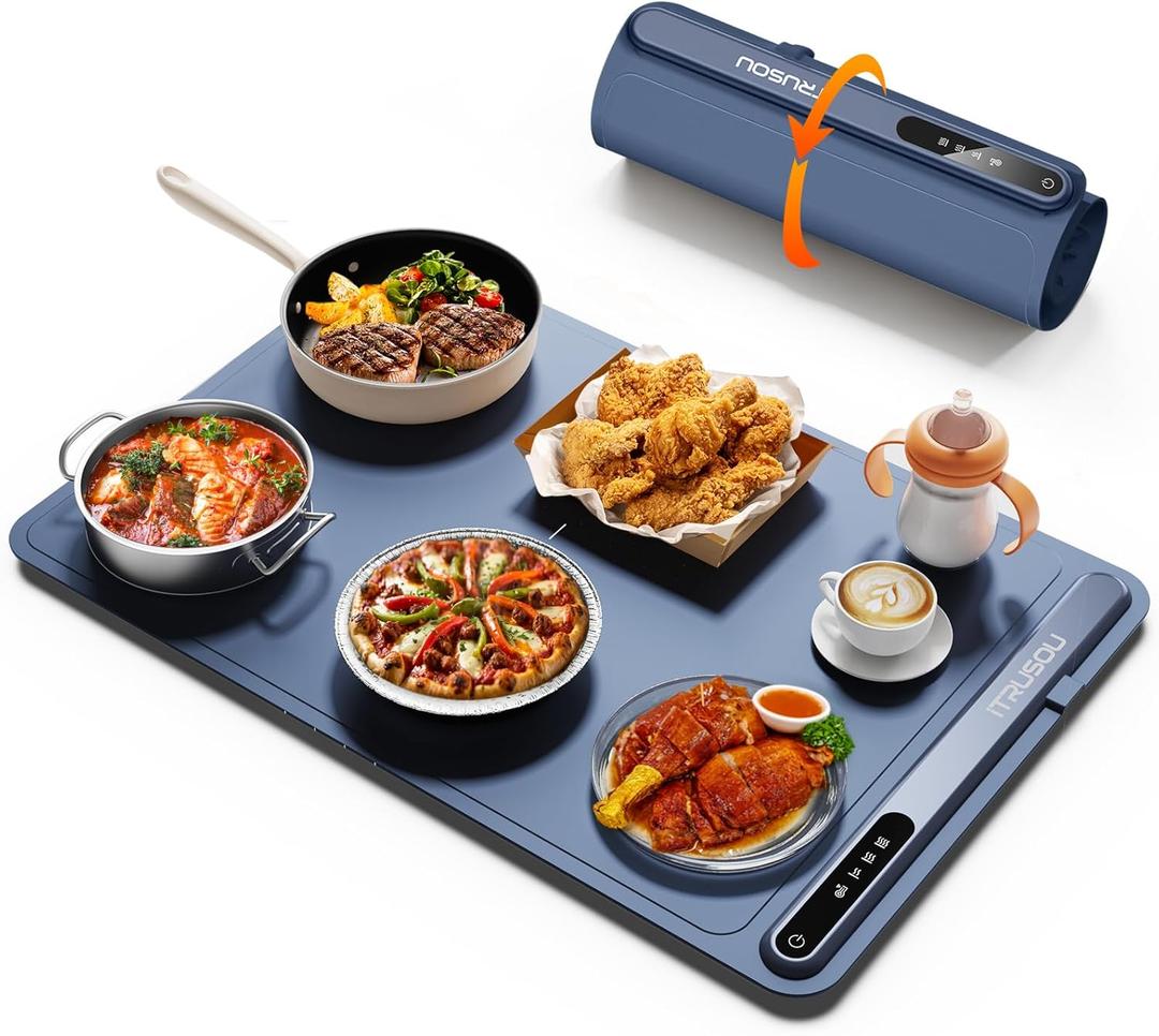Warming Mat for Food (24"x16") - iTRUSOU 3-Year Classic Electric Warming Tray with 3-Level Temp Control, Rapid Heating 250W Energy-Saving - Rollable Large Food Warming Mat for Parties & Buffet (Blue)