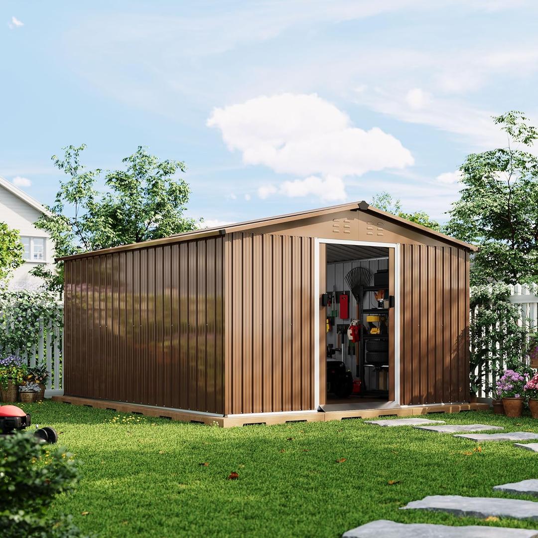 Acekool 10x12 FT Outdoor Metal Storage Shed, Large Garden Tool Shed with Lockable Door and Vents, Waterproof Galvanized Metal Sheds for Tools & Equipment, Garbage Can, Bike, Mower, Brown
