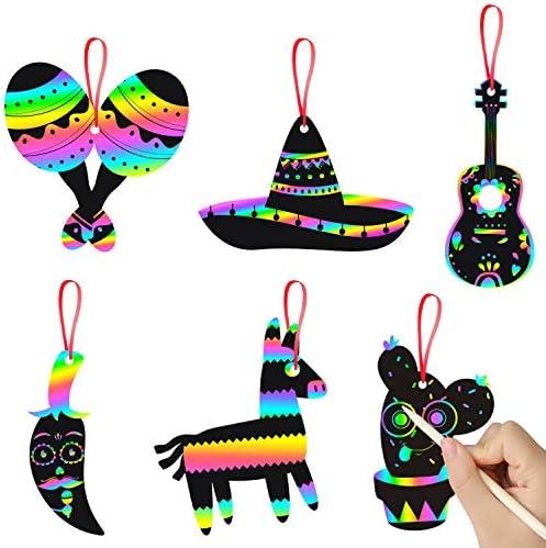 WATINC 60pcs Mexican Fiesta Scratch Cards Art Set for Kids Adults, Cinco De Mayo Party Decorations Favor, DIY Magic Colorful Art Craft Kit, Scratch Paper Ornaments for Birthday Party
