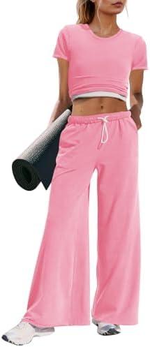 Panadila Womens 2 Piece Lounge Set Matching Workout Sets Summer Crop Tops Wide Leg Pants Going Out Outfits M