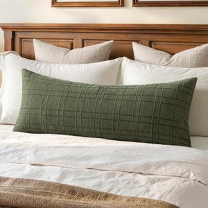 MIULEE Long Lumbar Throw Pillow Cover 14x36 Soft Linen Check Decorative Pillowcase Pack of 1 Vintage Farmhouse Textured Accent Cushion Cover for Sofa Couch Bedroom Living Room, Dark Olive Green