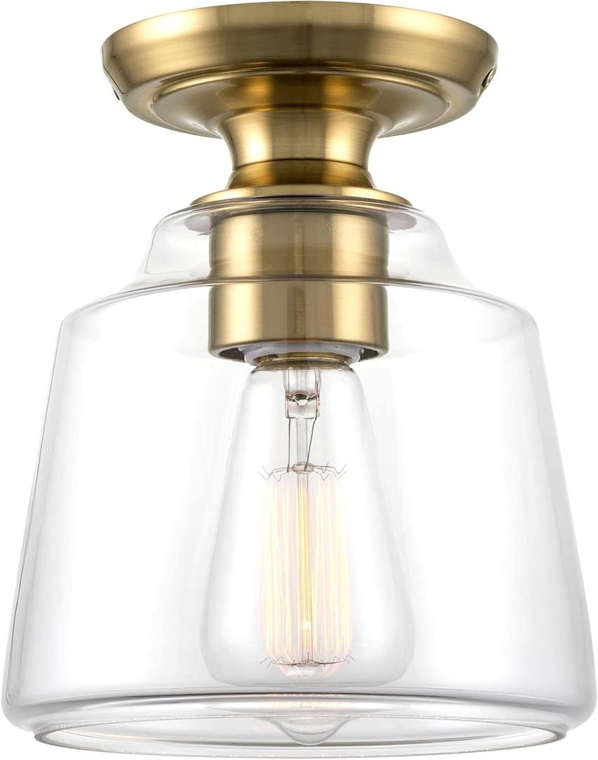 Kira Home Baron 9" Modern Farmhouse Semi Flush Mount Ceiling Light + Schoolhouse Glass Shade, Cool Brass Finish