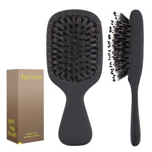 Mini Boar Bristles Hair Bursh, Travel Size Hair Brush for Women Men Kids, Protable Small Hair Brush for Pockets Purses, Mini Detangler Brush for Smooth Add Shine(Black)