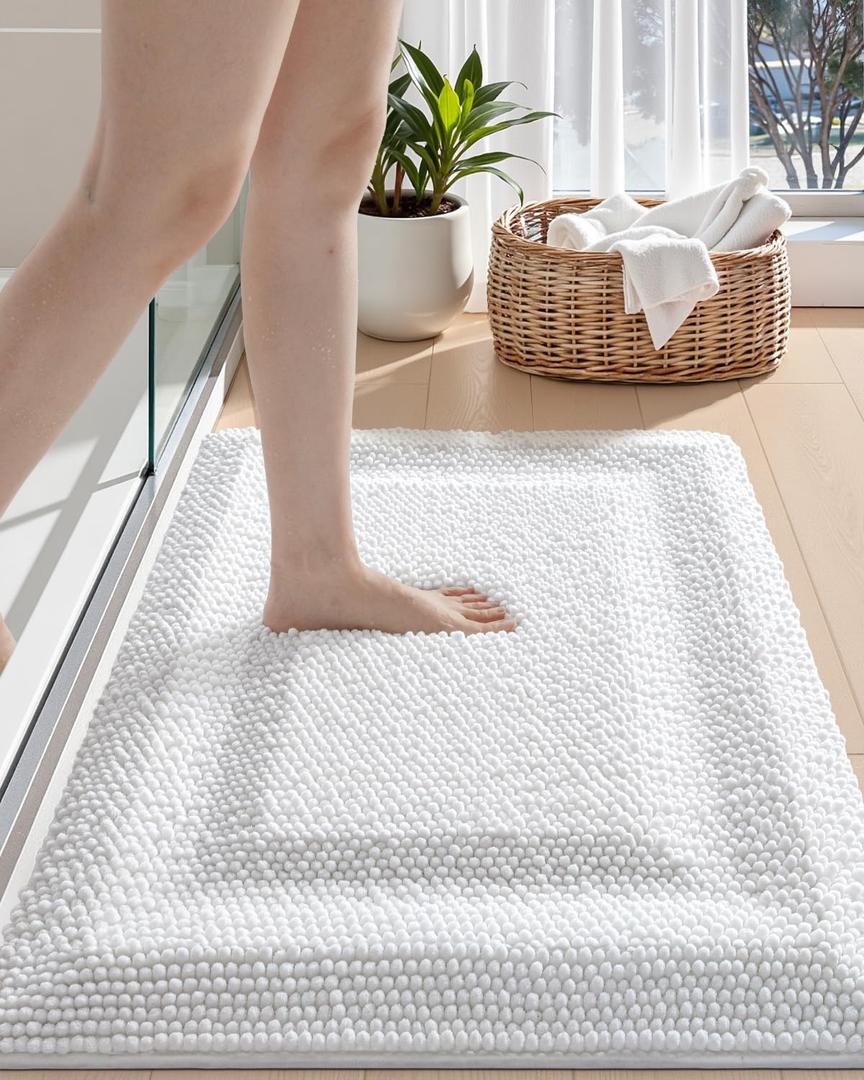 DEXI Bath Mats for Bathroom 20x32, Non Slip Washable Bathroom Rug, Thick Soft Chenille Absorbent Bathmat for Shower Floor, Fluffy Shaggy Carpet for Tub, White (1'8" x 2'8" (Rectangular))
