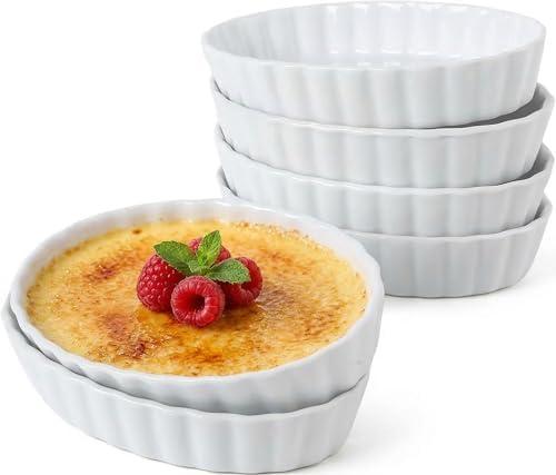Creme Brulee Ramekins, 6 Pcs Oval Ceramic Baking Dishes 4 OZ, 5.2 Inch Oven Safe Baking Dishes for Souffle, Dessert, Baked Gratins, Prep Bowls for Ingredients, Dipping Sauces - Dishwasher Safe & Stackable