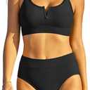 ZAFUL Women's V Neck Bikini Sets Double Shoulder Straps Two Piece Bathing Suit Tummy Control Swimwear (Medium, Black-017)