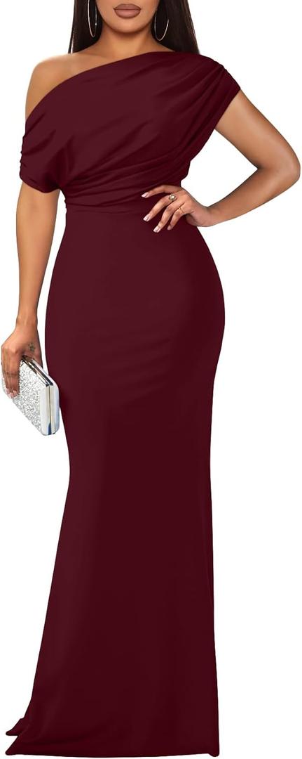 YMDUCH Women's Elegant Sleeveless Off Shoulder Bodycon Long Formal Party Evening Dress (Winered), S