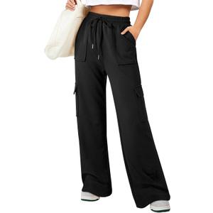 Aleumdr Women's Cargo Sweatpants Fleece High Waisted Wide Leg Pants Athletic Casual Baggy Sweat Pants with Pockets (XX-Large, Black)