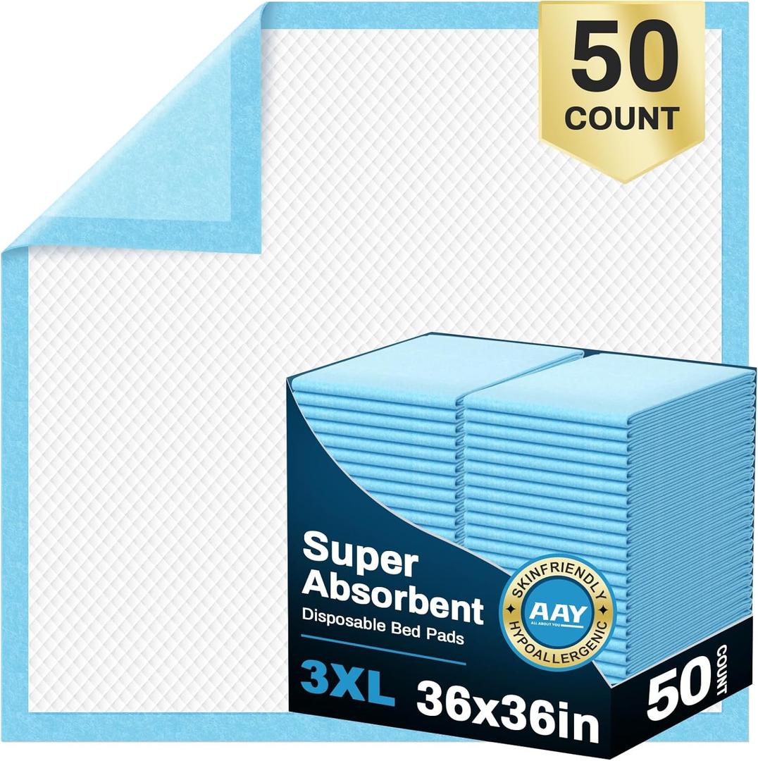 AAY Disposable Bed Pads 36" x 36" (50 Count), Extra Large Disposable Chucks Underpads for Incontinence, Super Absorbency 3XL Premium Leakproof Protective Pee Pads for Adult, Kids, Pet, Puppy Training