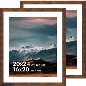 iRahmen 20x24 Poster Frame with 16x20 Mat - Plexiglass Wooden Picture Frames for Photo Wall Gallery Mounting (Dark Brown, Set of 2)