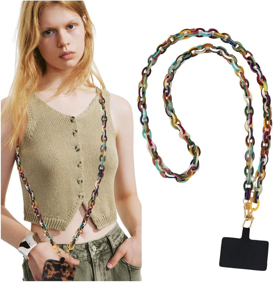 Phone Crossbody Chain CellPhone Lanyard, Acrylic Shouder Strap Universal Lanyard Chain with Tether Patches Compatible with Most Phones Bag Purse (multi-color