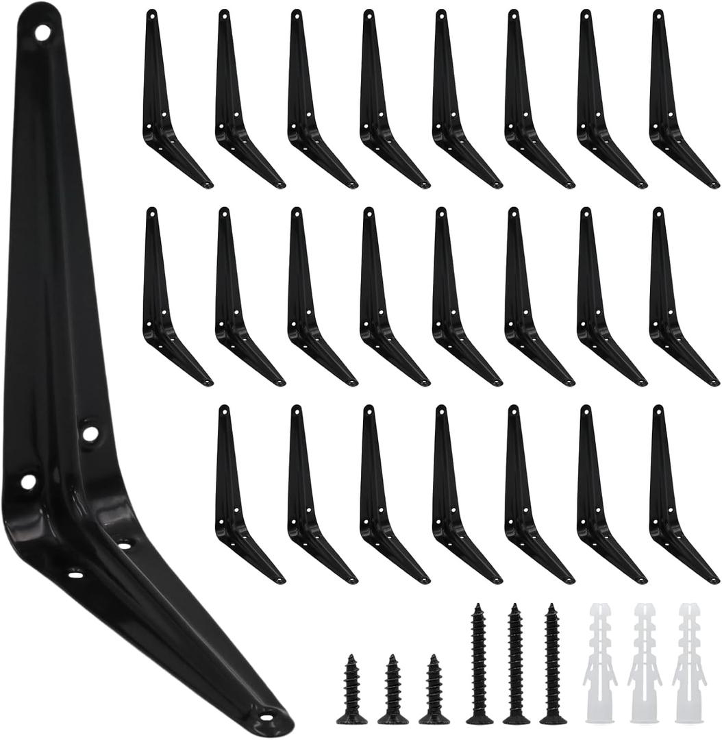 24Pcs 6 x 5 Inch Black Shelf Brackets, Heavy-Duty Metal Steel Corner L Brackets for Shelves Shelf, Bookshelf, Garden Boards, Wall Hanging Shelves Decoration Clapboard