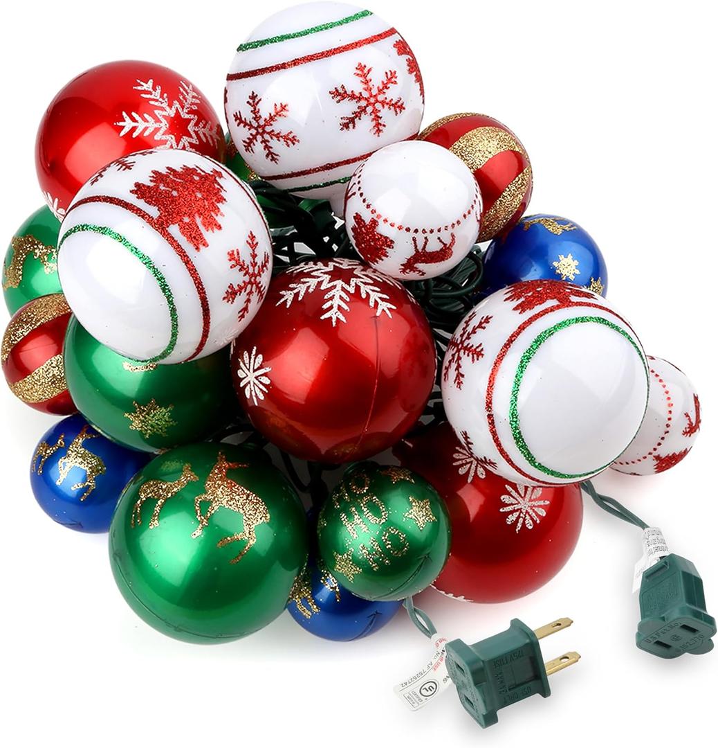 AIRIVO Christmas Tree Ball Ornaments, 28ft 25 Bulb Outdoor Christmas String Lights, Indoor Christmas Lights Plug in End to End Expandable, Ornaments for Christmas Tree Decorations (Multi-Colored 2)