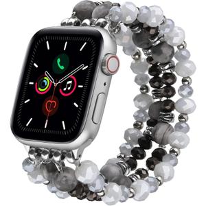 VISOOM Beaded Boho Bracelet Compatible for Apple Watch Band 40mm/38mm/41mm Series 9 8 7 SE Women Fashion Cute Handmade Crystal Beads Stretchy Watch Strap for iWatch Bands Series 6/5/4/3/2/1 (Black)