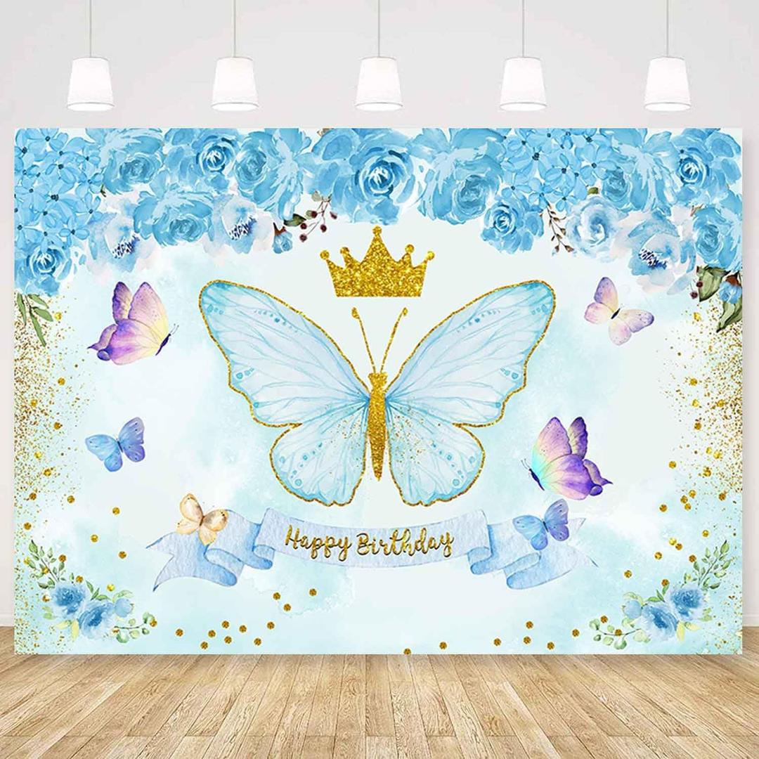 Sensfun Blue Butterfly Birthday Backdrop Girls Light Blue Watercolor Flowers Butterfly Happy Birthday Party Background Gold Crown Butterflies Bday Decorations Banner for Cake Table Supplies 7x5ft