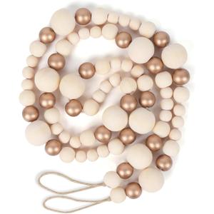 Christmas Wooden Bead Garland Xmas Wooden Tree Beads Rustic Decorative Christmas Tree Farmhouse Decor for Mantle Fireplace Staircase (Natural & Gold)