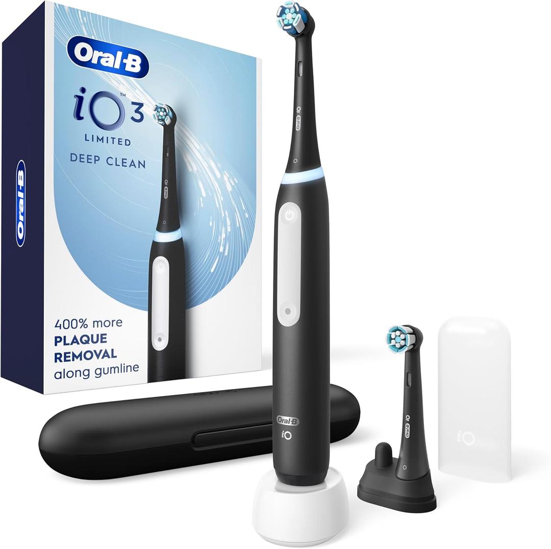 Oral-B Rechargeable Electric Toothbrush, iO3 Limited Deep Clean, 3 Cleaning Modes, Visual Pressure Sensor to Protect Gums, 2 Brush Heads, Travel Case, Black 