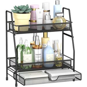 2-Tier Bathroom Counter Organizer with Drawer, Bathroom and Makeup Organizer Countertop, Easy to Install, Ideal for Bathroom organizer, Vanity, Large Skincare, Perfume, Present, and More,Black