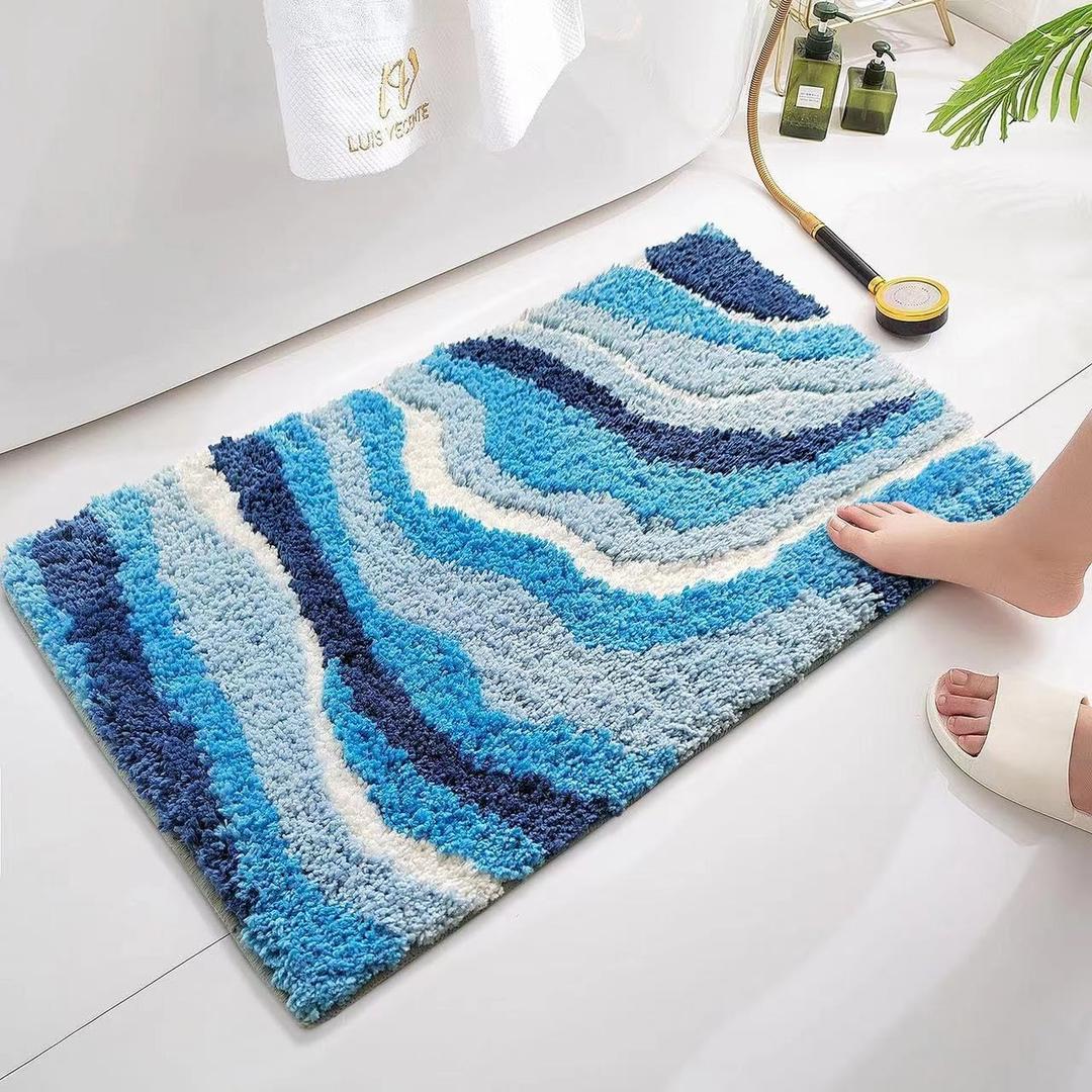 Bathroom Mat Cute Bath Mat for Bathroom Sea Wave Blue Bath Rug Soft Fluffy Ultra-Absorbent Non Slip Washable Bathroom Rug for Floor Tub and Shower,31 x20inch (3120)