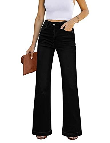GRAPENT Womens Plus Size Jeans for Women Stretch High Waisted Flare Ripped Jeans Womens Stretchy Jeans 70s Outfits for Womens Jeans Wide Leg Pants for Women Color Always Black Large