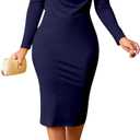 shengfan Women's Elegant Business Bodycon Dress Church Long Sleeve Wrap Pencil Wear to Work Midi Dresses (Blue, XXL)