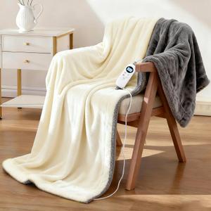 Electric Heated Blanket Throw 50" x 60" Soft Dual-Sided Flannel Fast Heating 12 Heat Levels 112H Timer & Overheat Protection & Auto Shut-Off & Machine Washable (Milky White & Gray)