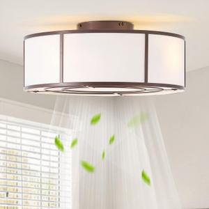 Low Profile Ceiling Fans with Lights, 20" Flush Mount Ceiling Fan with Light, Brown and White Boho Bladeless with 6 Speeds Remote Control for Bedroom, Nursery, Living Room