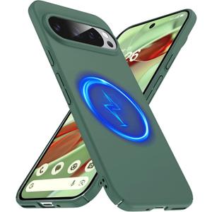 Magnetic Slim Case Fit for Google Pixel 9 Pro/9 [Compatible with Magsafe] Ultra-Thin Lightweight Durable Minimalist Matte Hard Cover Case Shockproof Non Slip Ring-Dark Green
