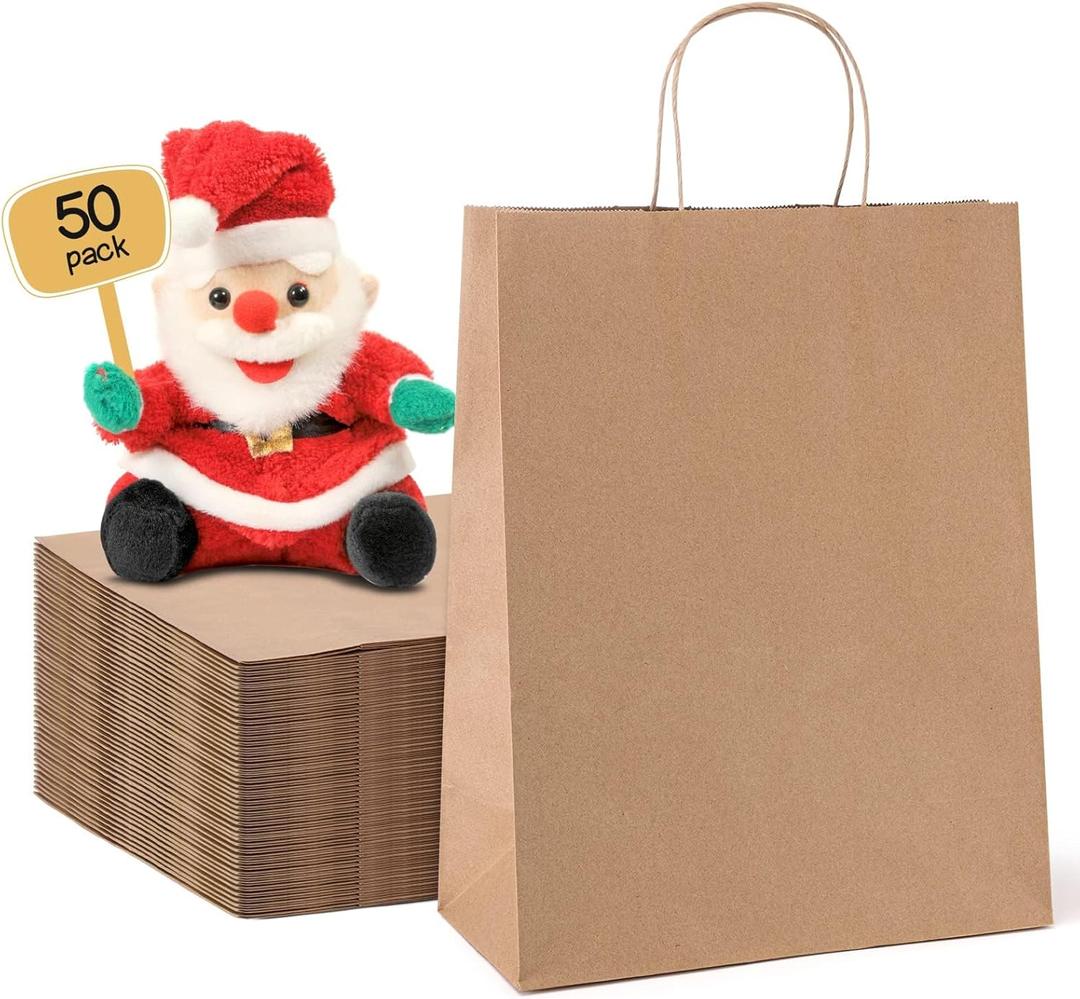 METRONIC Brown Paper Bags 10x5x13 50Pcs,Kraft Gift Bags Medium Size with Handles, Craft Paper Wrap Bag Bulk for Shopping Birthday Party Favors Grocery Retail Goody Business
