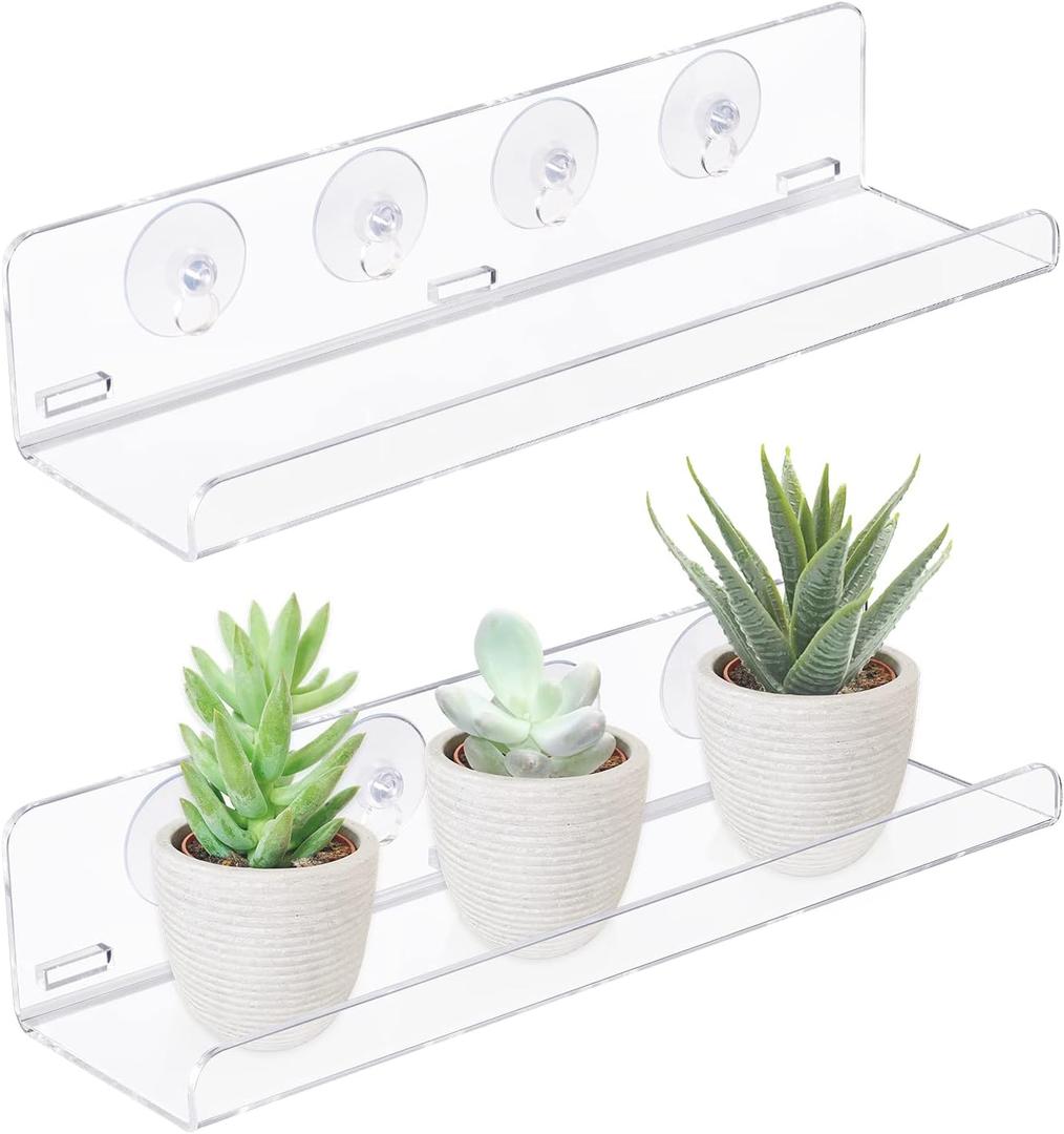 Sumerflos 2 Pack Window Shelves for Plants, Clear Acrylic Suction Cup Shelf, Window Sill Extender Floating Shelves for Indoor Plant, Flowers, Succulents, Seed Starter Pots