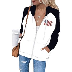 Ezbelle Zip Up Hoodie Women's American Flag Graphic Hood Casual USA Shirt (Small)